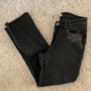 Reba black denim jeans embellished with embroidery, bling, and faceted studs